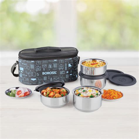 borosil hydra hot-n-fresh stainless steel lunch box set 4-pieces silver|Borosil Hydra Hot.